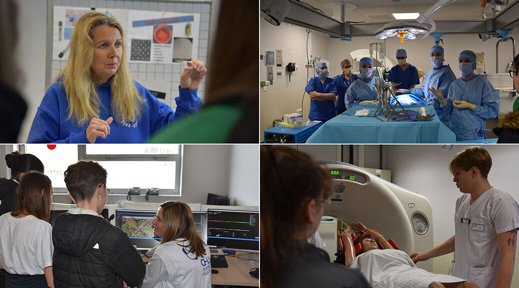 Montage avec quatre photos prises lors du Forum des métiers et formations en santé Prête-moi ta blouse. Quatre professions sont représentées par des étudiants ou des formateurs : technicien de laboratoire, assistant de régulation médicale, Infirmier de bloc opératoire et manipulateur d'électroradiologie médicale.