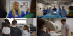 Montage avec quatre photos prises lors du Forum des métiers et formations en santé Prête-moi ta blouse. Quatre professions sont représentées par des étudiants ou des formateurs : technicien de laboratoire, assistant de régulation médicale, Infirmier de bloc opératoire et manipulateur d'électroradiologie médicale.