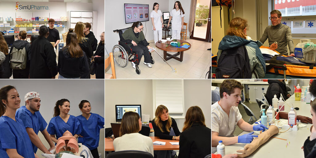 Montage avec six photos prises lors du Forum des métiers et formations en santé Prête-moi ta blouse. Six professions sont représentées par des étudiants ou des formateurs : phamacien, ergothérapeute, ambulancier, infirmier anesthésiste, psychologue, infirmier.